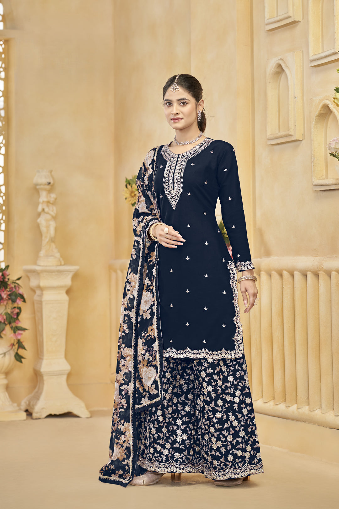 Navy Blue Color Roman Silk With Embroidery Work Top Plazzo And Dupatta
