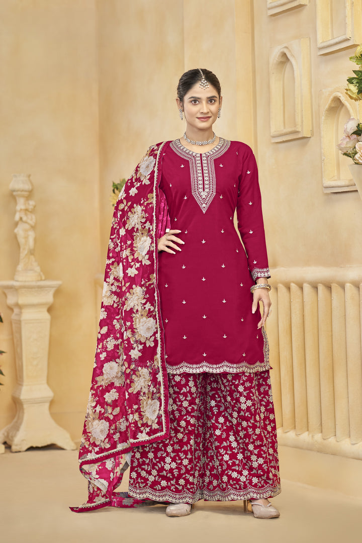 Pink Color Roman Silk With Embroidery Work Top Plazzo And Dupatta