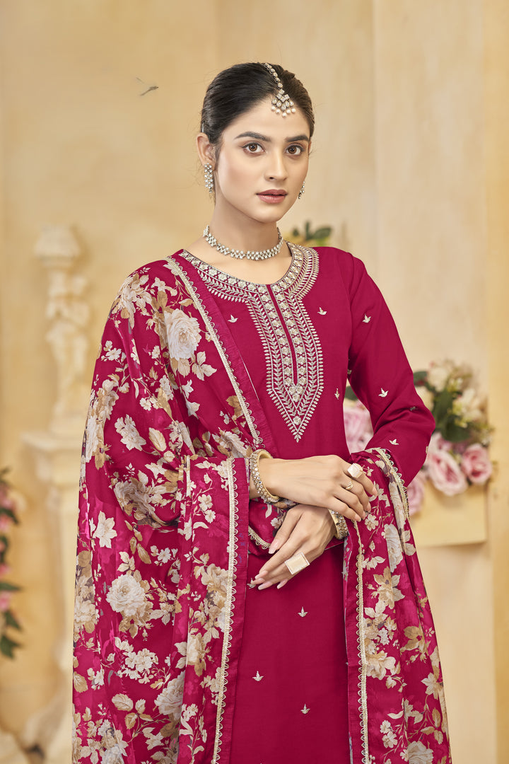Pink Color Roman Silk With Embroidery Work Top Plazzo And Dupatta