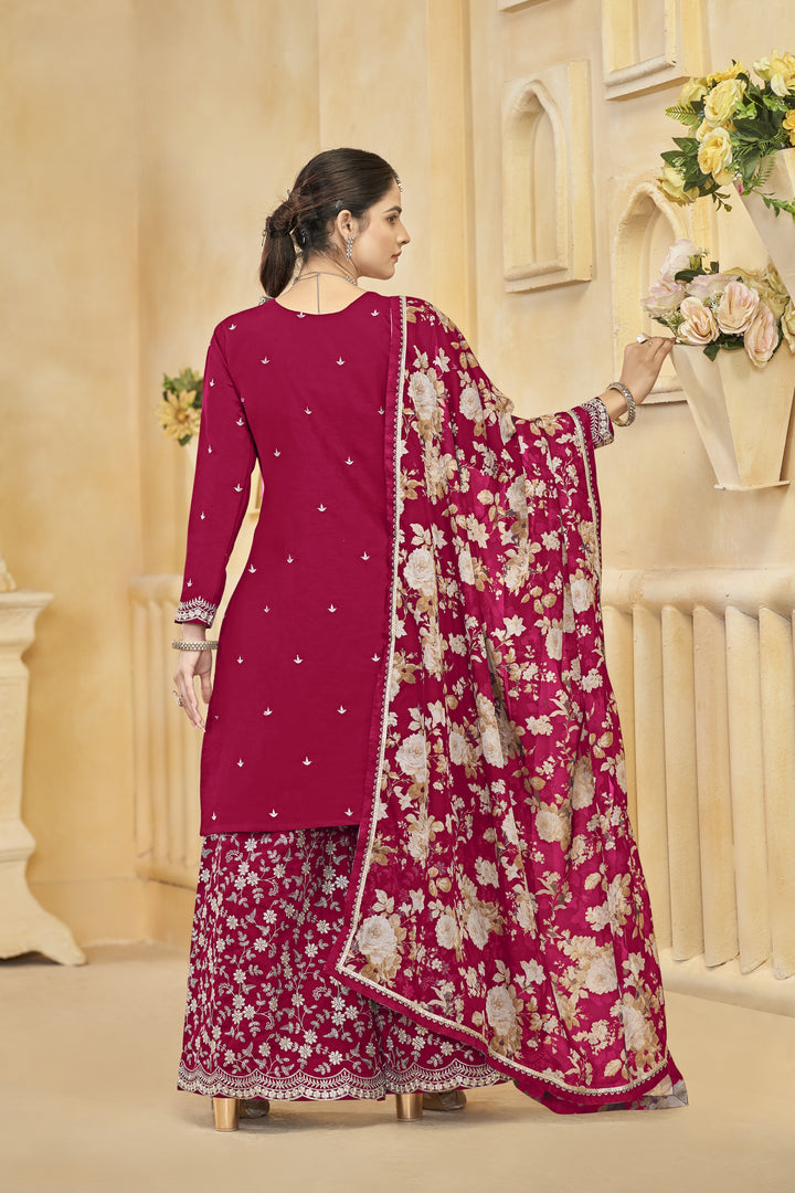 Pink Color Roman Silk With Embroidery Work Top Plazzo And Dupatta