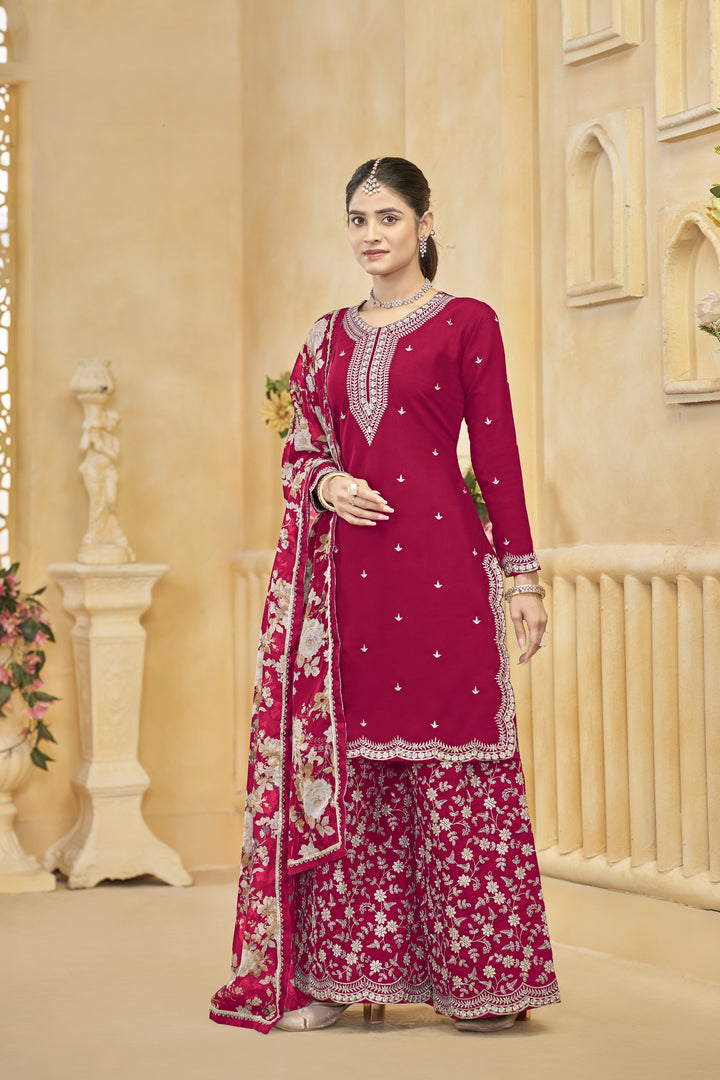 Pink Color Roman Silk With Embroidery Work Top Plazzo And Dupatta