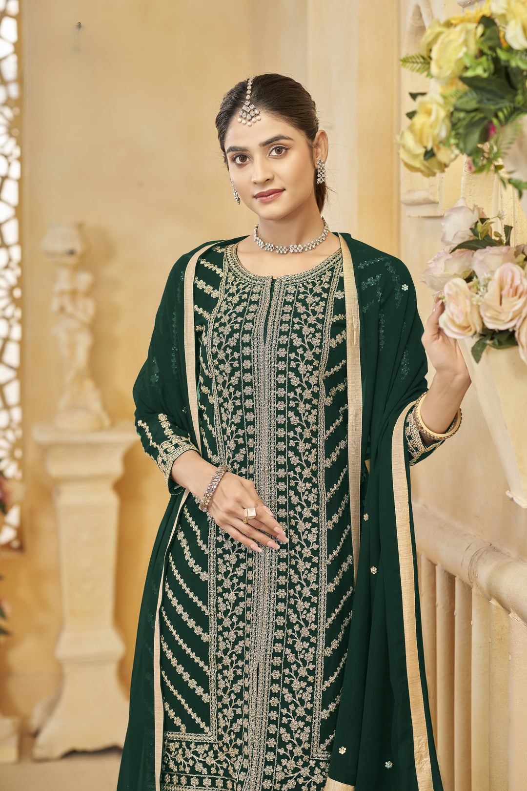 Green Color Faux Georgette With Embroidery And Sequins Work Top And Plazo