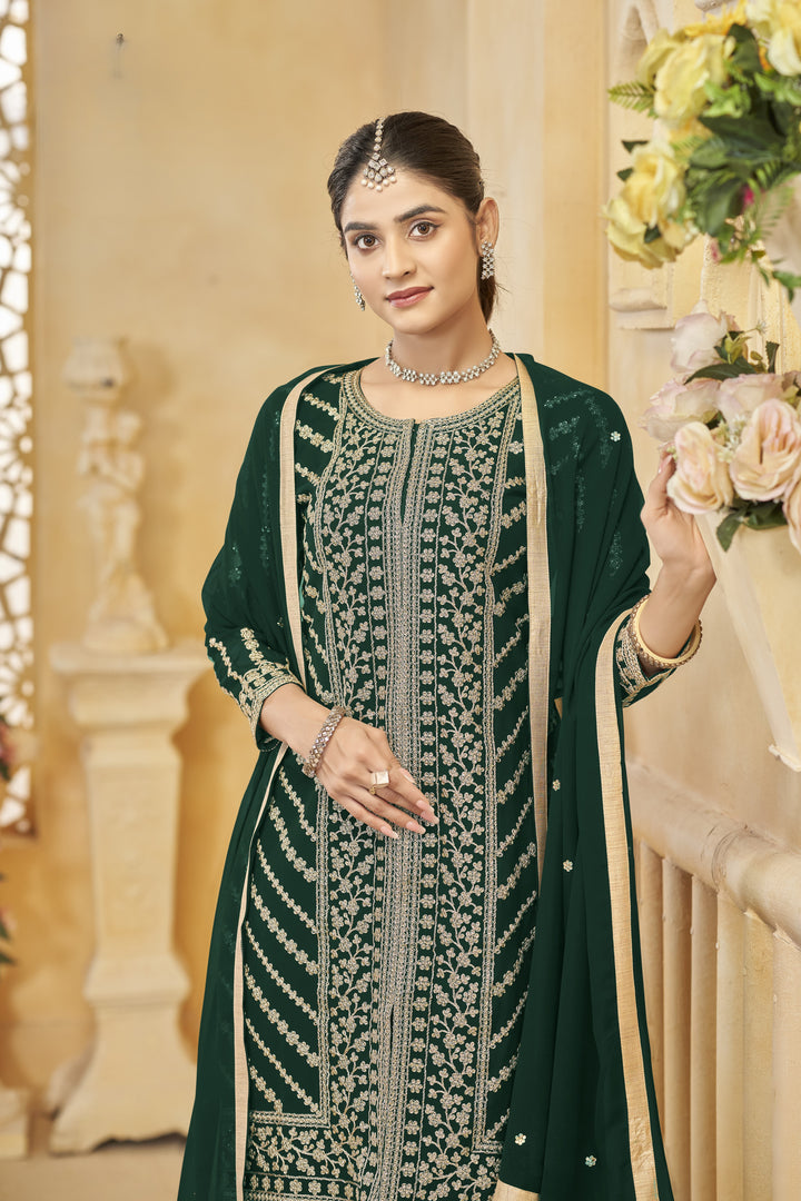 Green Color Faux Georgette With Embroidery And Sequins Work Top And Plazo