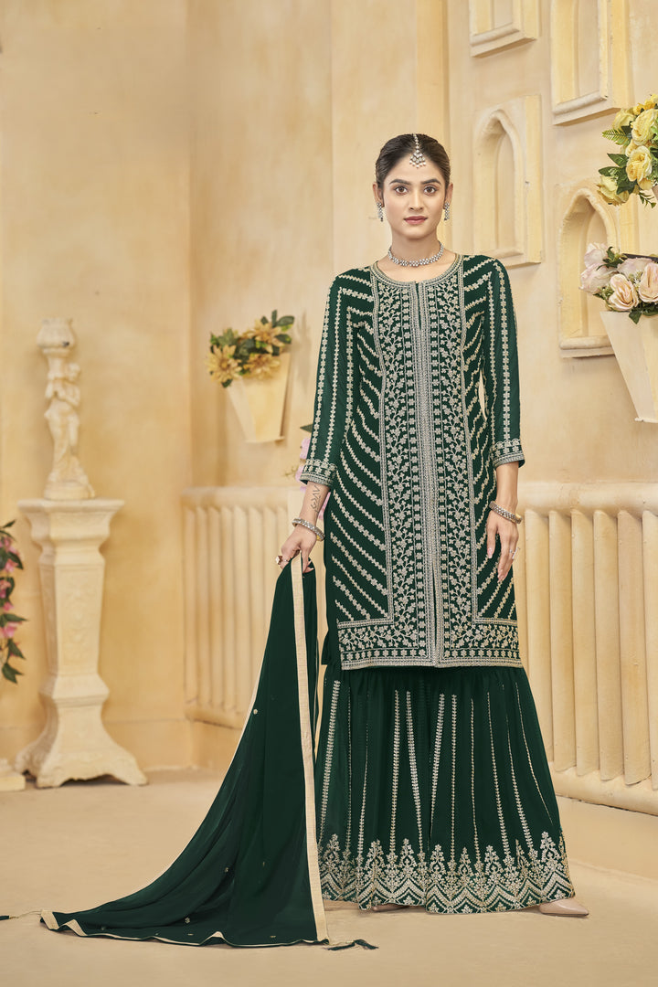 Green Color Faux Georgette With Embroidery And Sequins Work Top And Plazo