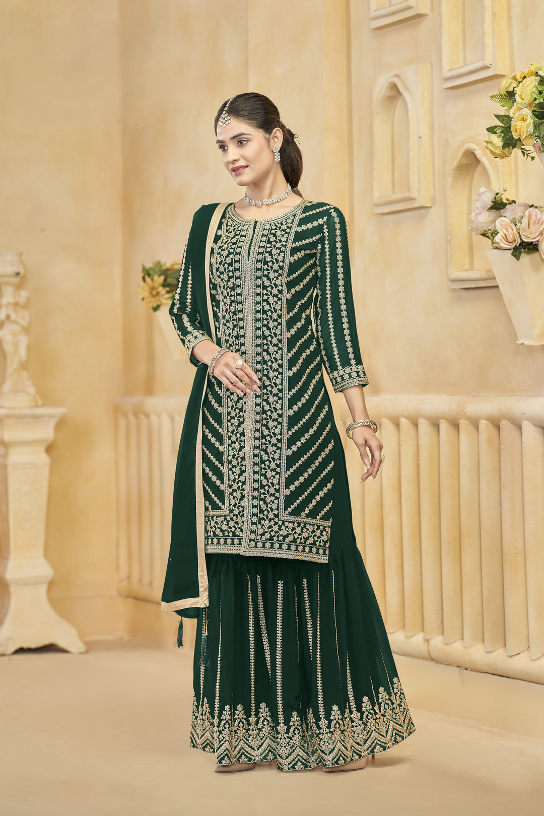 Green Color Faux Georgette With Embroidery And Sequins Work Top And Plazo