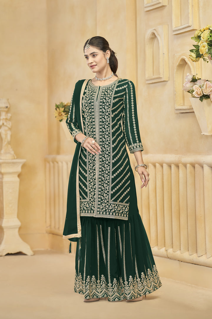 Green Color Faux Georgette With Embroidery And Sequins Work Top And Plazo