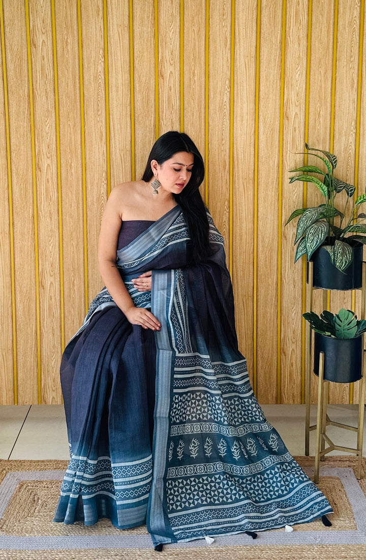 Black And Gray Namrata Soft Linen Cotton Digital Print Sarees With Batik Print With Silver Border