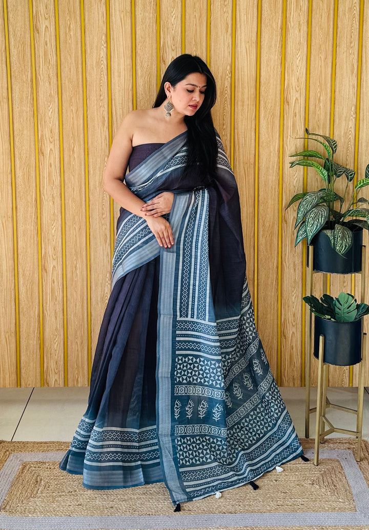 Black And Gray Namrata Soft Linen Cotton Digital Print Sarees With Batik Print With Silver Border