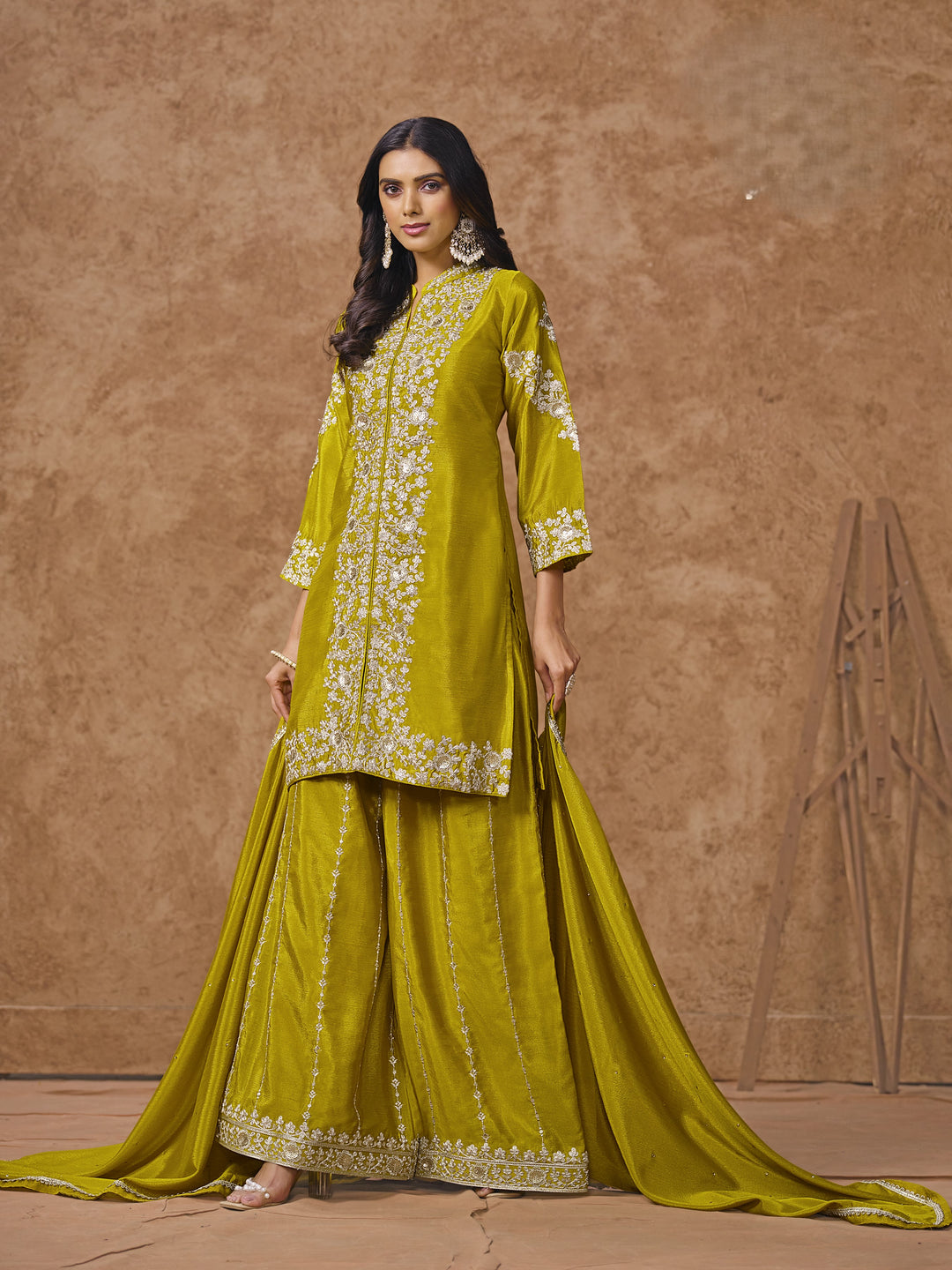 Mehendi Color Chinnon With Embroidery And Sequins Work Top And Plazo