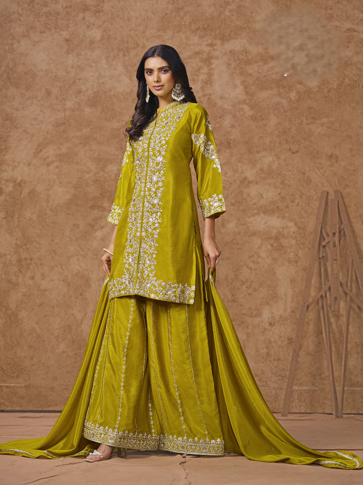 Mehendi Color Chinnon With Embroidery And Sequins Work Top And Plazo