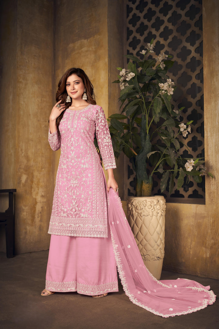 Pink Color Net Santool With Embroidery Work Kurti, Sharara And Dupatta