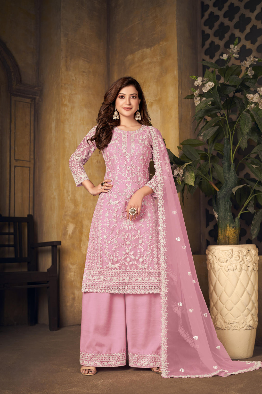 Pink Color Net Santool With Embroidery Work Kurti, Sharara And Dupatta