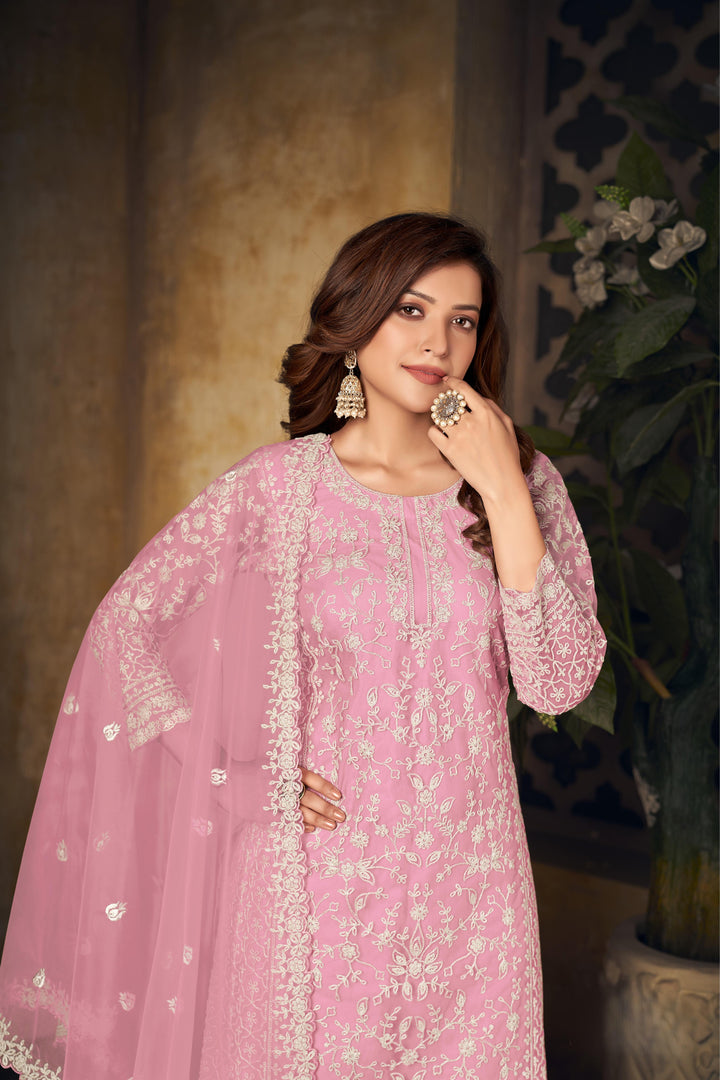 Pink Color Net Santool With Embroidery Work Kurti, Sharara And Dupatta