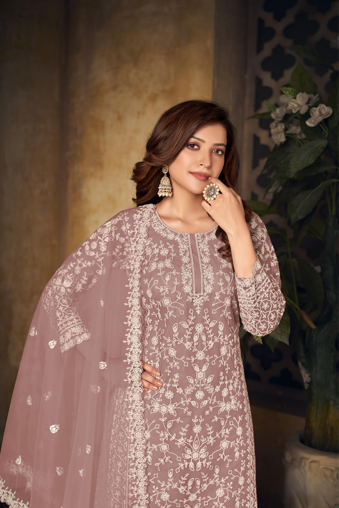 Light Brown Color Net Santool With Embroidery Work Kurti, Sharara And Dupatta