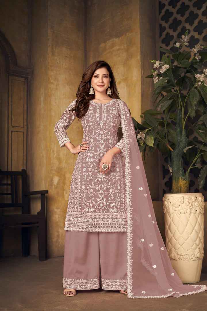 Light Brown Color Net Santool With Embroidery Work Kurti, Sharara And Dupatta