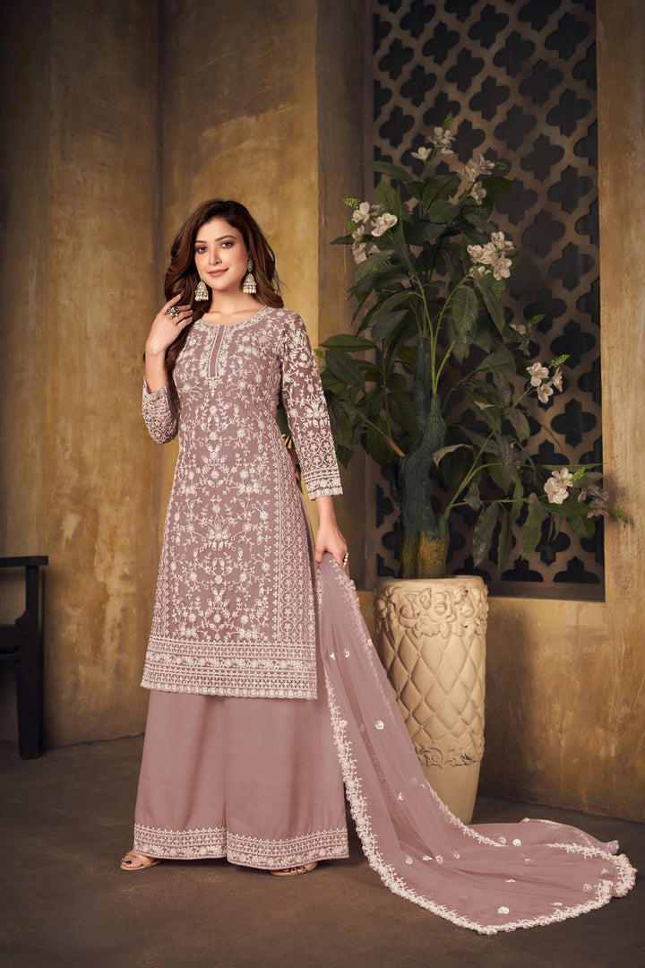 Light Brown Color Net Santool With Embroidery Work Kurti, Sharara And Dupatta