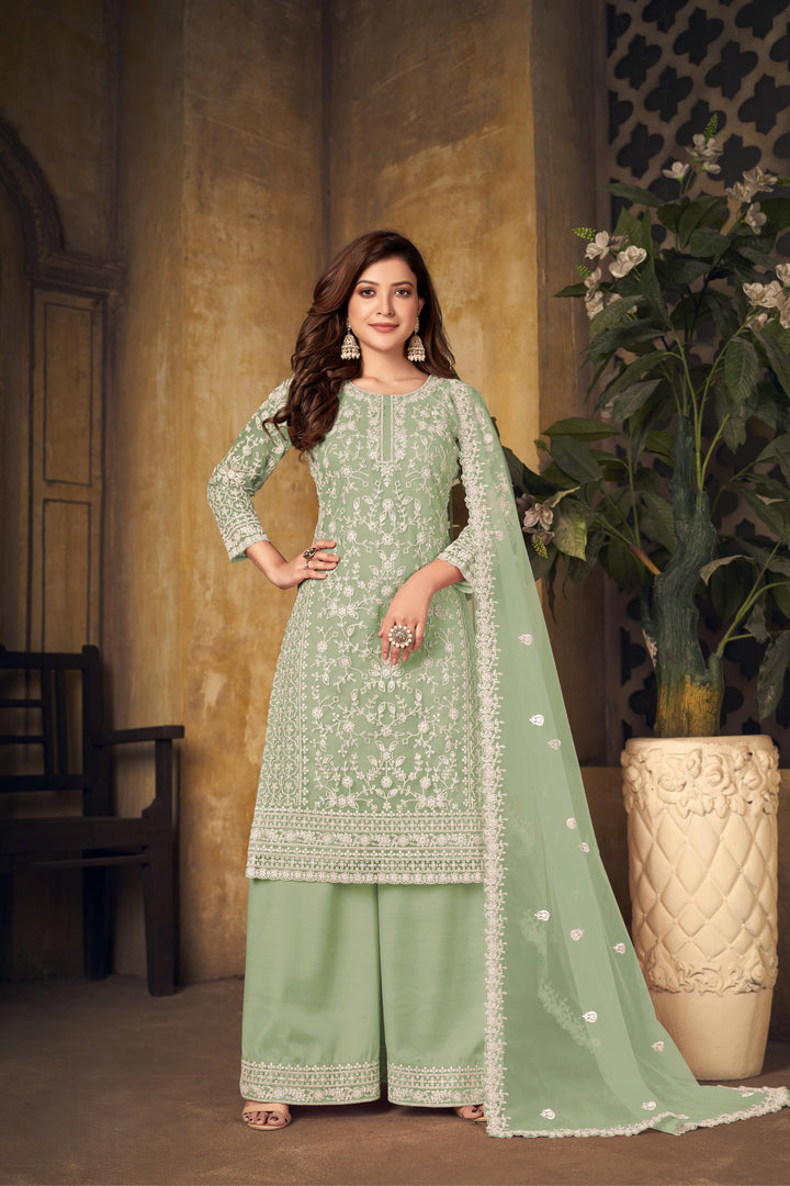 Light Green Color Net Santool With Embroidery Work Kurti, Sharara And Dupatta