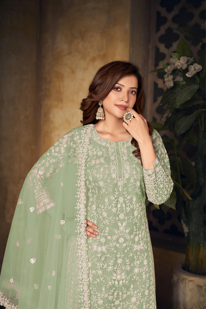 Light Green Color Net Santool With Embroidery Work Kurti, Sharara And Dupatta