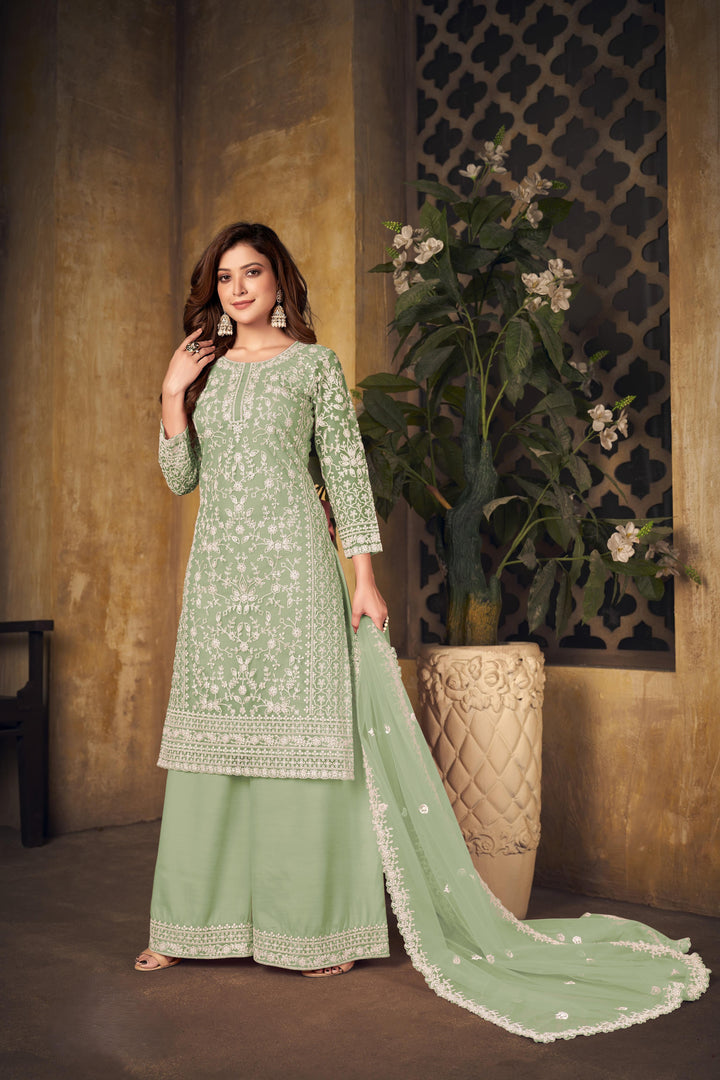 Light Green Color Net Santool With Embroidery Work Kurti, Sharara And Dupatta