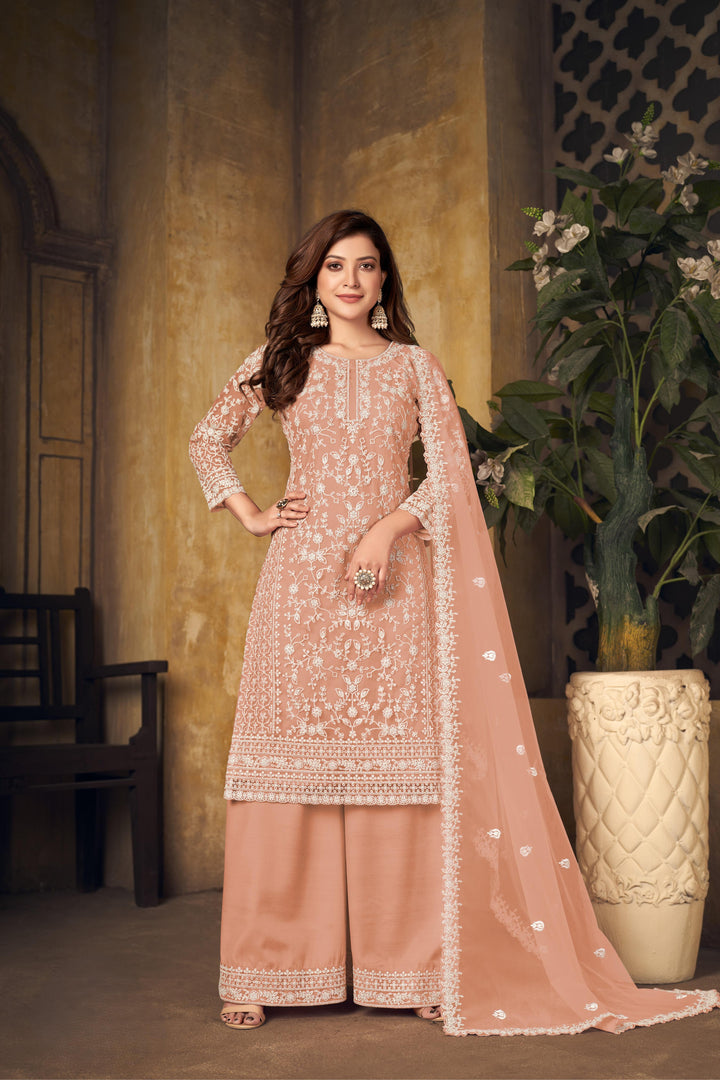 Peach Color Net Santool With Embroidery Work Kurti, Sharara And Dupatta