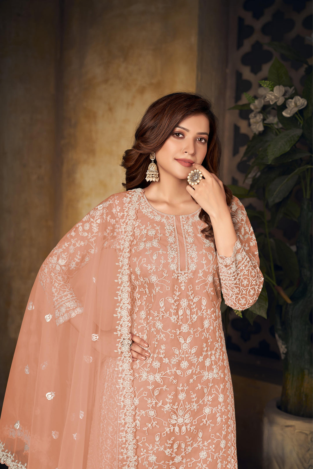 Peach Color Net Santool With Embroidery Work Kurti, Sharara And Dupatta