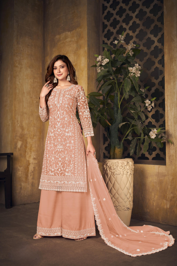 Peach Color Net Santool With Embroidery Work Kurti, Sharara And Dupatta