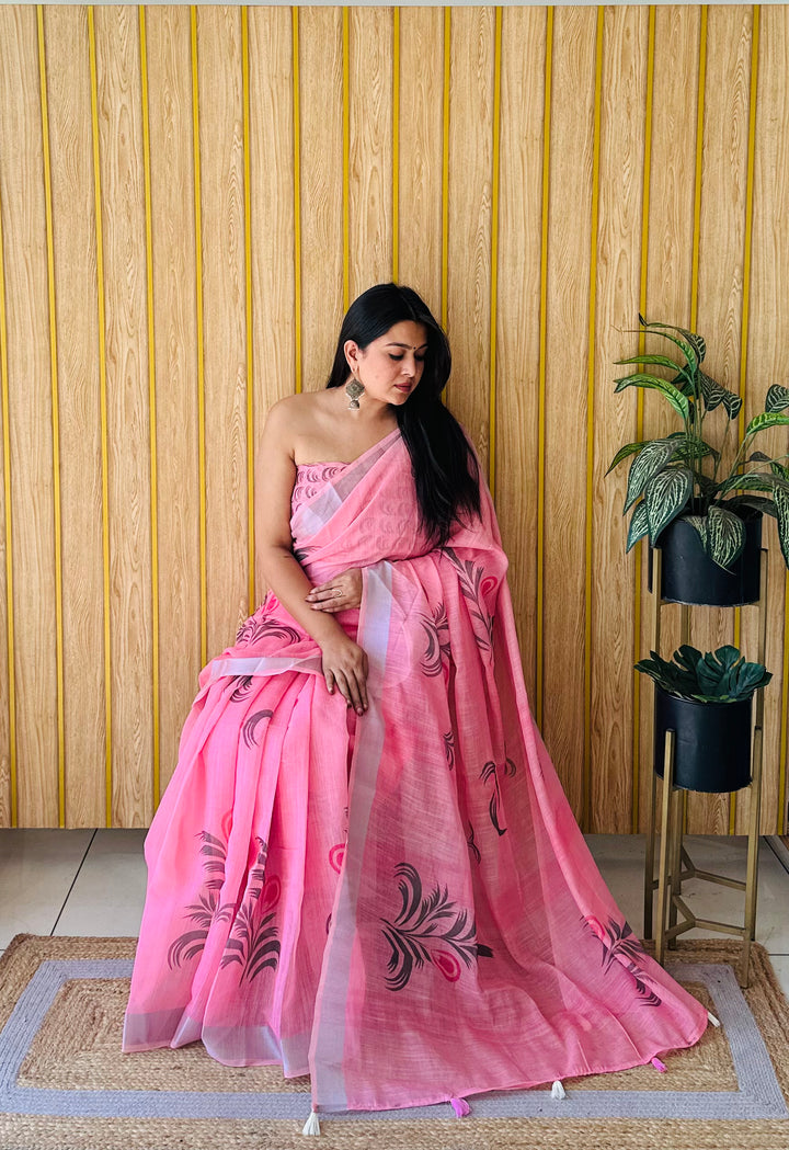 Pink Namrata Soft Linen Cotton Digital Print Sarees With Batik Print With Silver Border