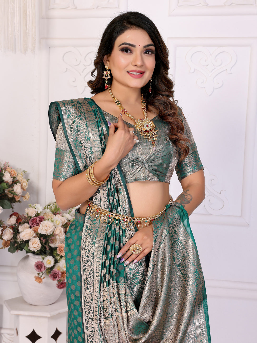 Rama-green Aruni Soft Organza Silk Banarasi Saree With Unique Butta With Unique Colours