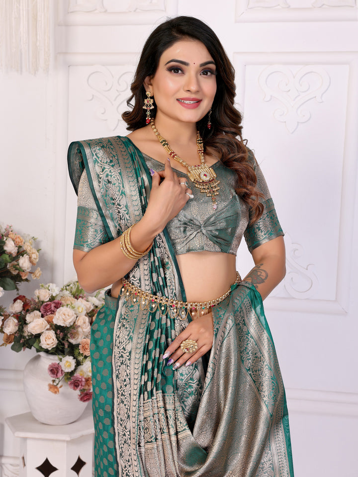 Rama-green Aruni Soft Organza Silk Banarasi Saree With Unique Butta With Unique Colours