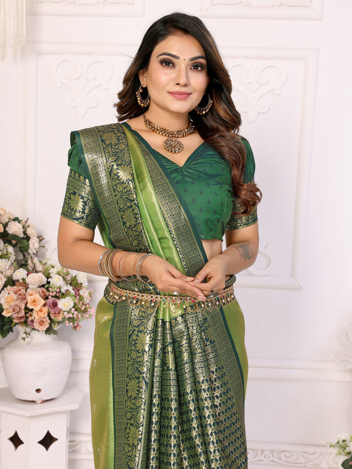 Green Eshwari Banarasi tissue silk  sarees with all over Butti contrast woven borders classic pallu