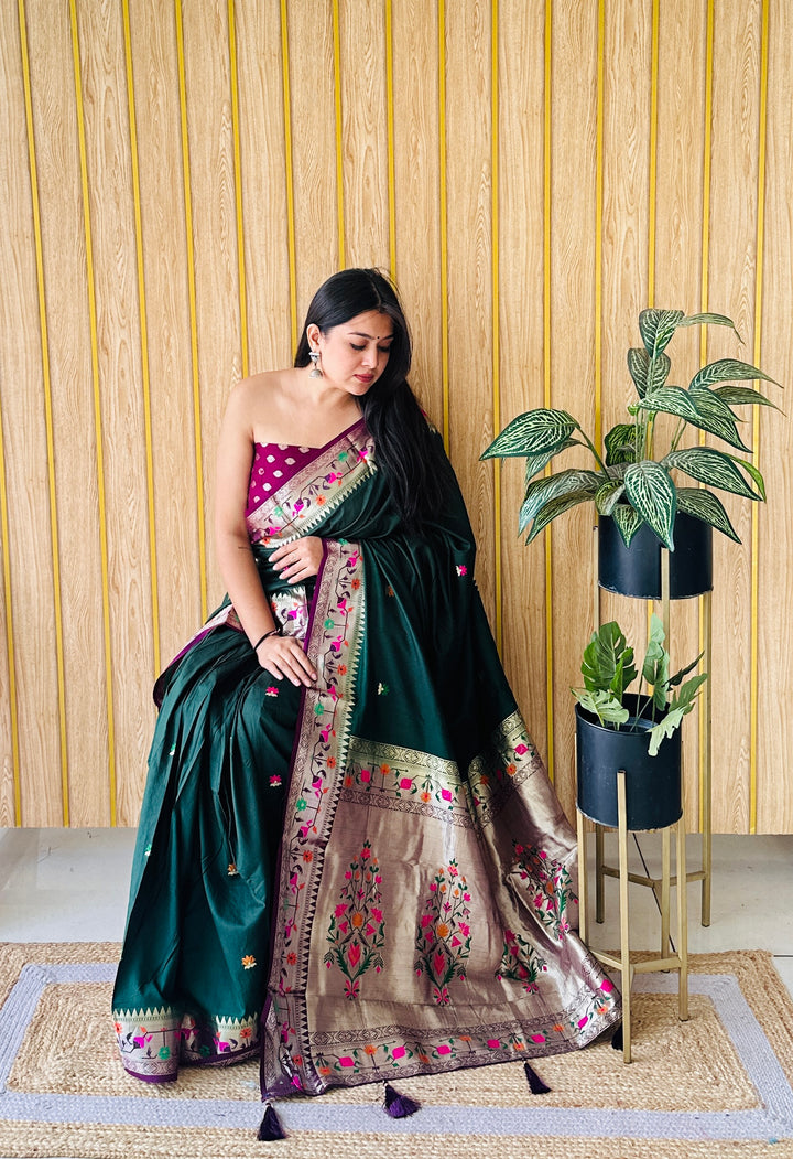 Green Shabri Paithani Soft  Silk Sarees Weaved With Buttas Pattern & Contrast Concept