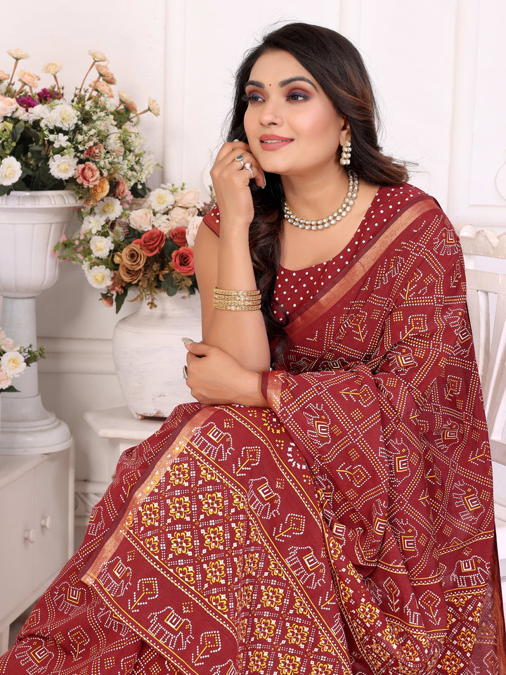 Maroon Ambika Pure Patola And Bandhej Pattern Soft Cotton Light Weight Saree