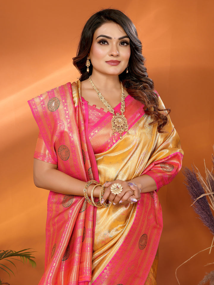 Yellow Sonali Banarasi Silk Saree With Contrast Paithani Woven Borders & Pallu
