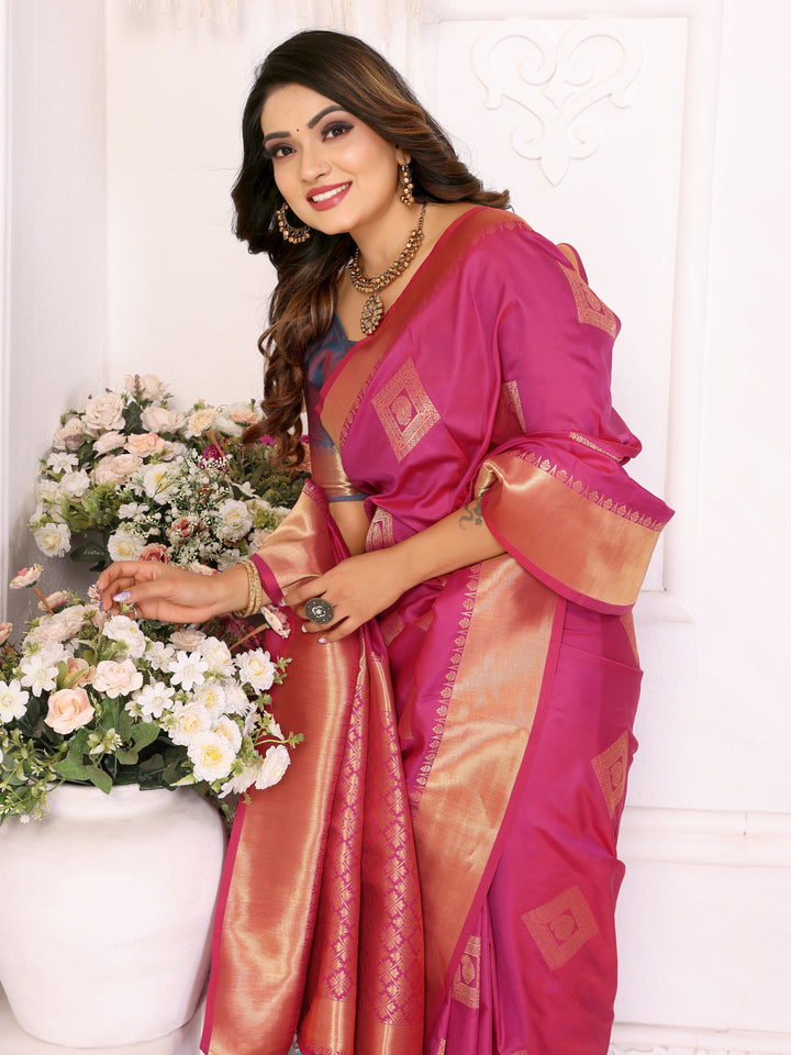 Pink Sameera Lichi soft Silk sarees & woven Butta concept With woven Zari borders both sides