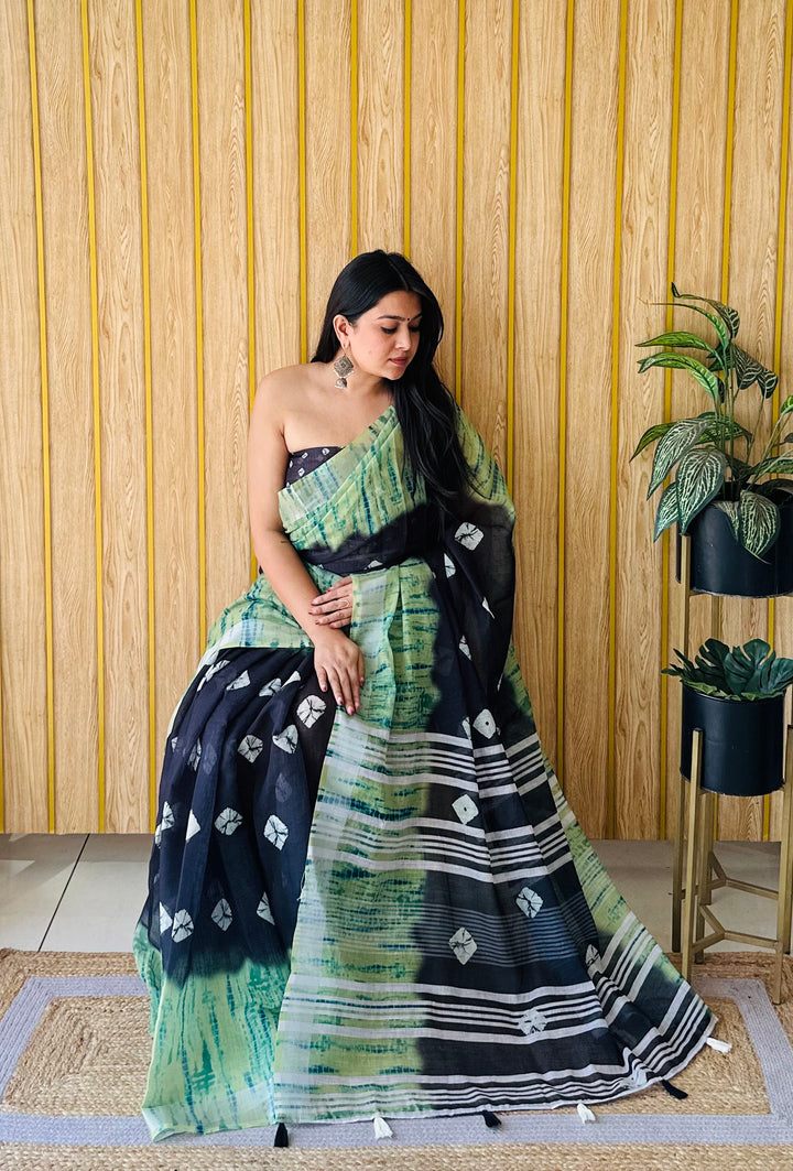 Black Aashvi Soft Linen Cotton Digital Print Sarees With Batik Print With Silver Border