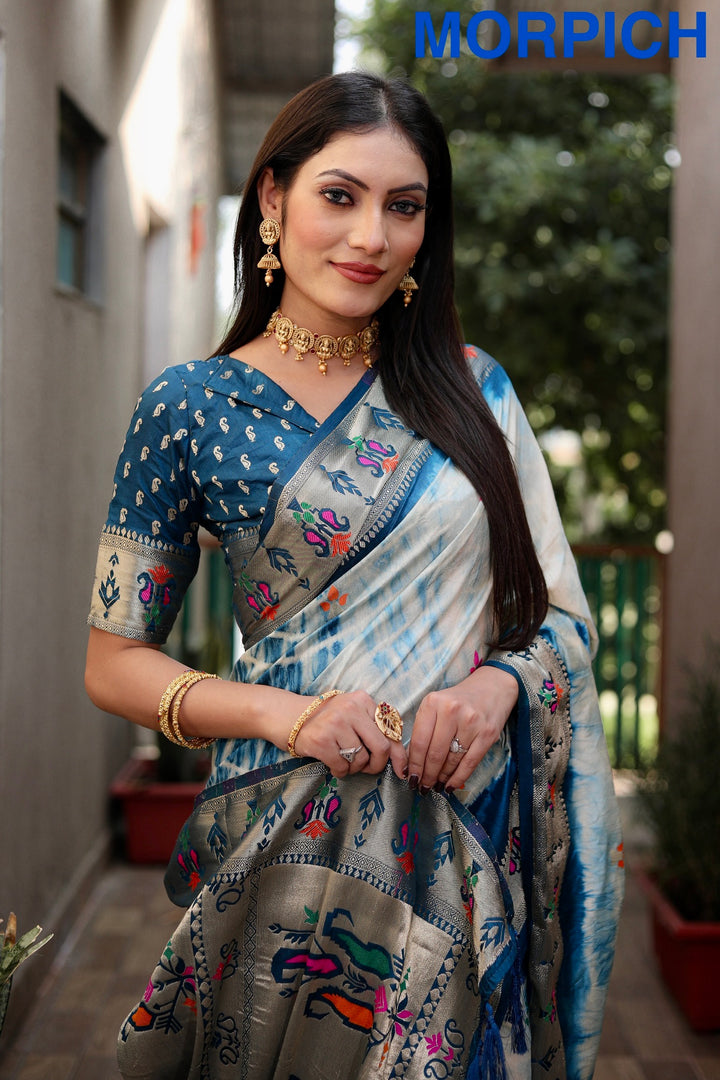 Morpich Poonam Sibori Print Paithani Silk Sarees With Gold Zari Paithani Border & Contrast Rich Pallu