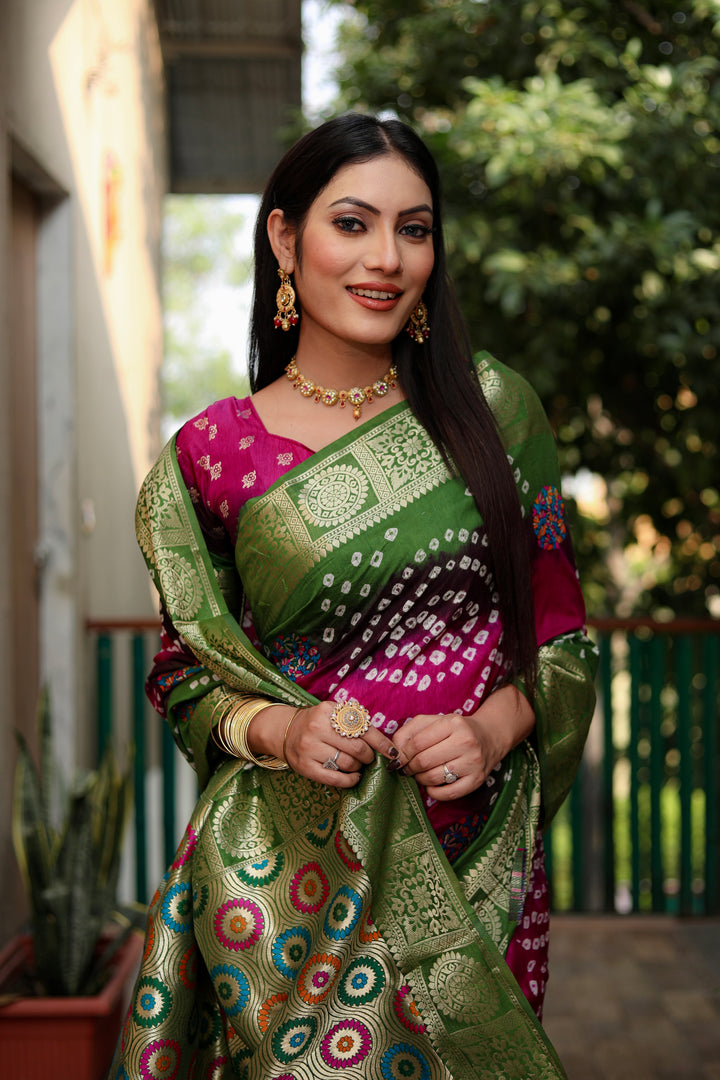 Pink Ishani Pure Bandhej Silk Saree Minakari Weaving Butta With Zari