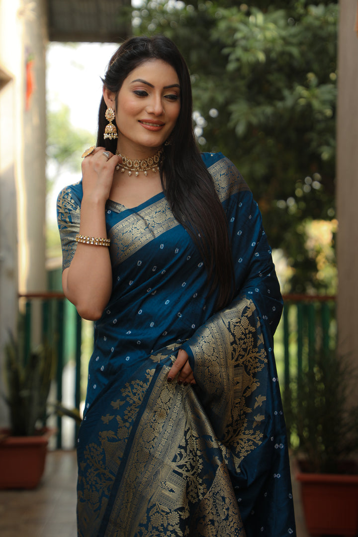 Blue Suvarna-3 Bandhej Kanjivaram silk saree And Kanjivaram Border with Zari Weaving Rich Pallu