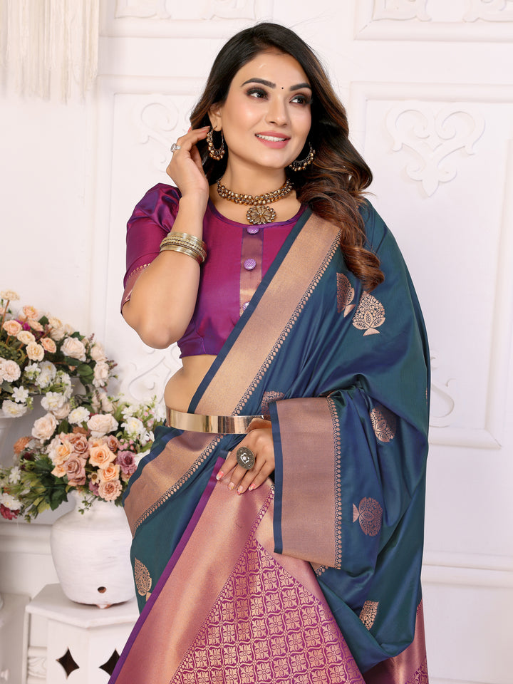 Blue Vardhman Lichi soft Silk sarees woven Butta concept & woven Zari borders both sides