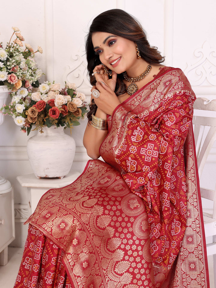 Maroon Samshira Soft Satin Silk Bandhej Print Saree With Zari Border Design And Having Rich Pallu