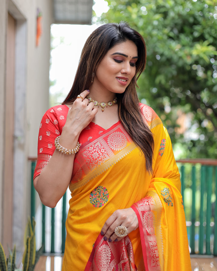 Yellow Kamlika Dola Silk With Unique Butta And Contrast Border & Rich Pallu