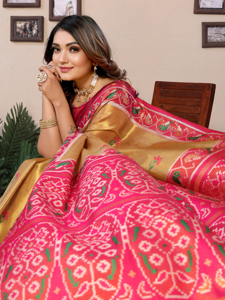 Yellow Surekha Banarasi Silk Saree With Contrast Patola Woven Borders & Pallu