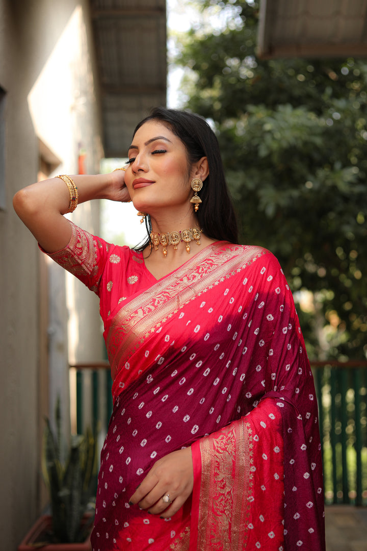 Maroon Vahini Pure Bandhej Silk Saree With Bandhej Border & Zari Weaving Rich Tissue Pallu