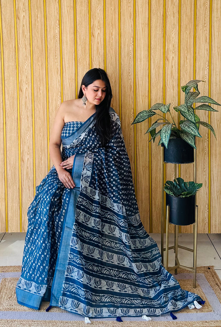 Navy Blue Aarya-1 Soft Linen Cotton Digital Print Sarees With Batik Print With Silver Border
