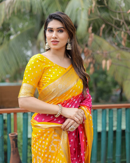 Pink Devika Dola Soft Silk Bandhej Sarees Jari Paithani Weaving Border & Weaving Paithani Style Rich Pallu