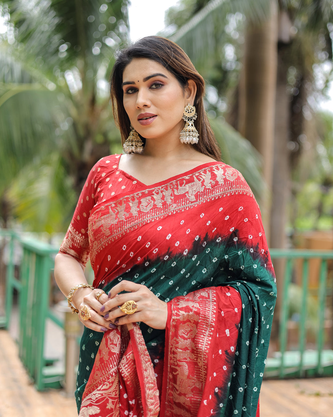 Green Vamika Pure Bandhej Silk Saree With Bandhej Border & Zari Weaving Rich Tissue Pallu