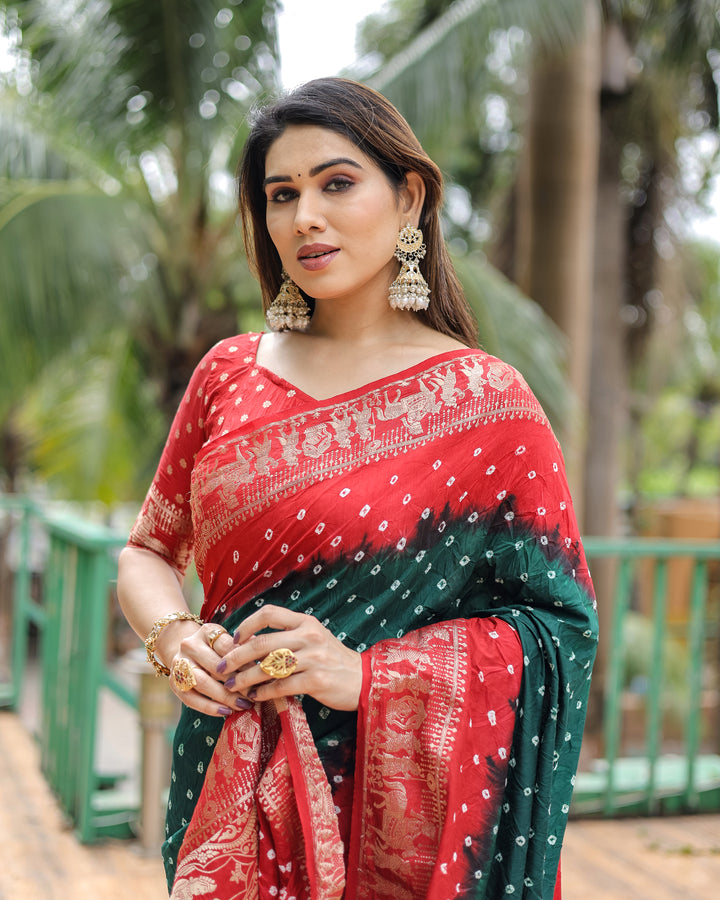 Green Vamika Pure Bandhej Silk Saree With Bandhej Border & Zari Weaving Rich Tissue Pallu