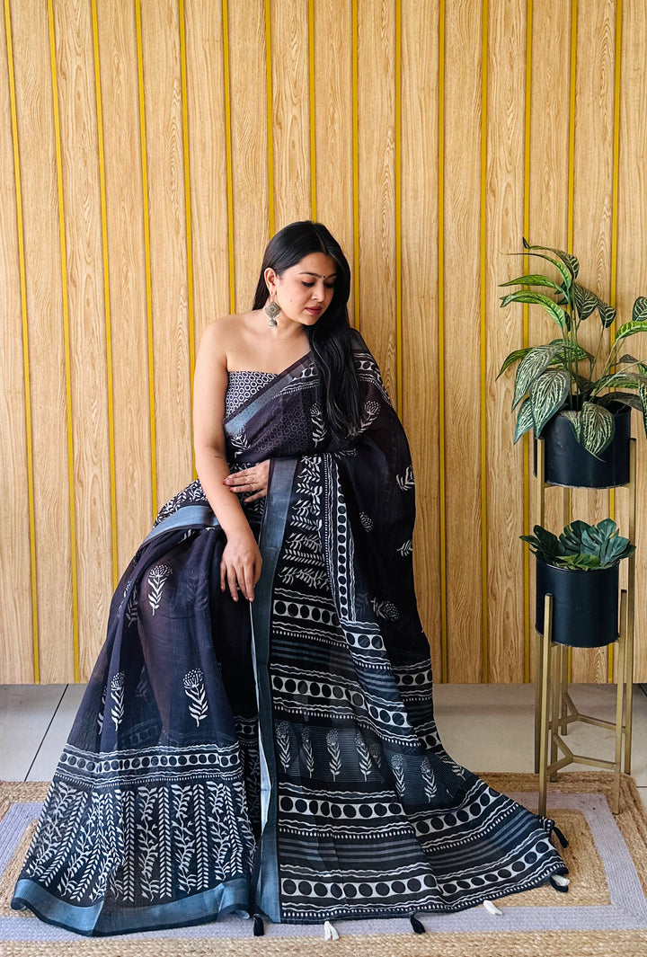 Black Sampurna Soft Linen Cotton Digital Print Saree With Batik Print With Silver Border