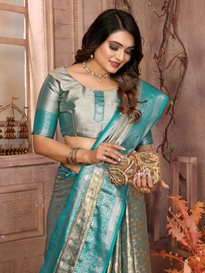 Sky Blue Vanita Tissue Silk Saree Zari Designs and Contrast Zari Borders & Rich Pallu