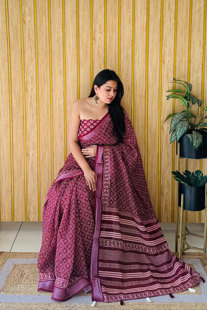 Maroon Shukriya Soft Linen Cotton Digital Print Saree With Batik Print With Silver Border